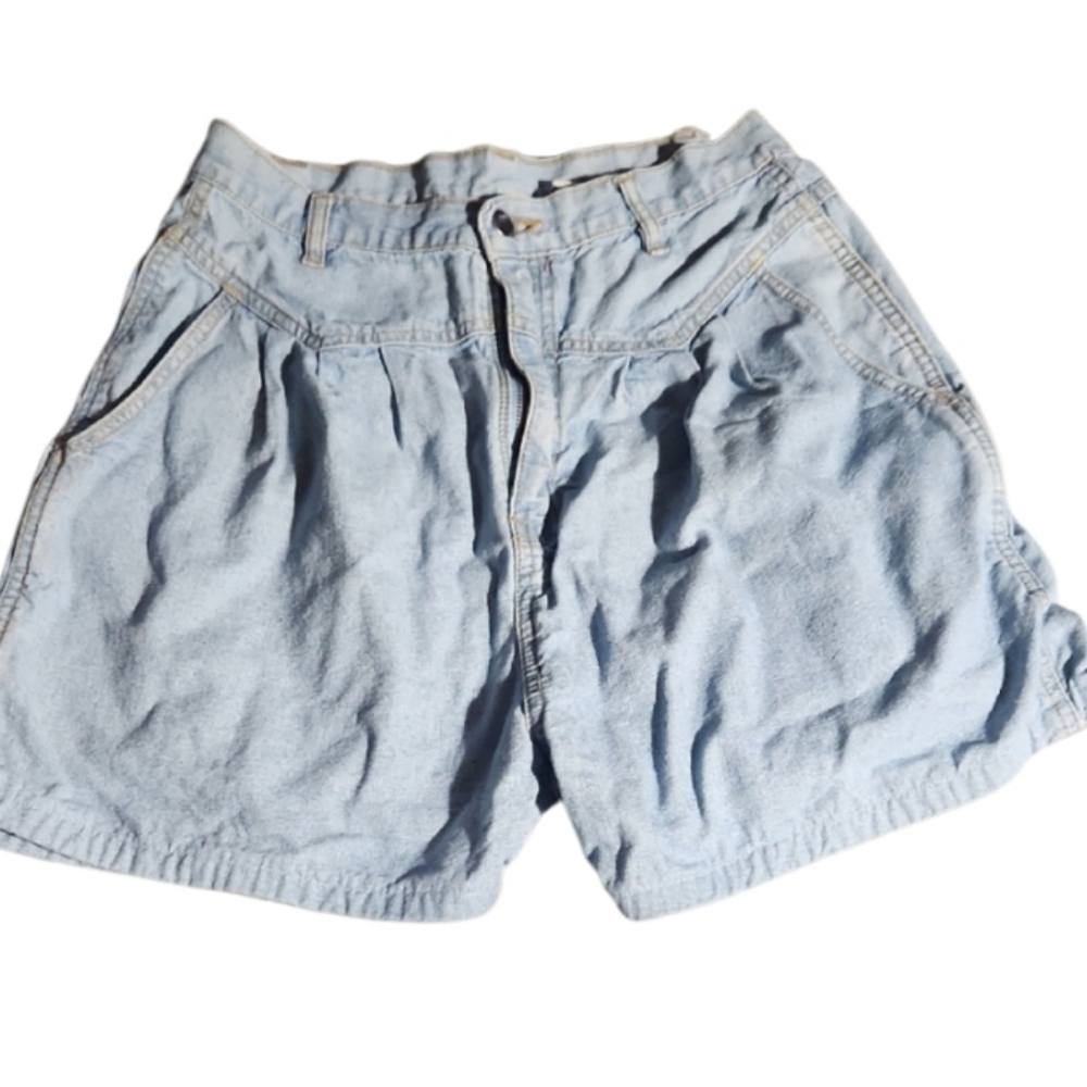 1980s High Waist Yolk Light Blue Denim Shorts
